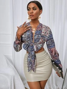 Allover Print Self Tie Top - Multicolor - View 3