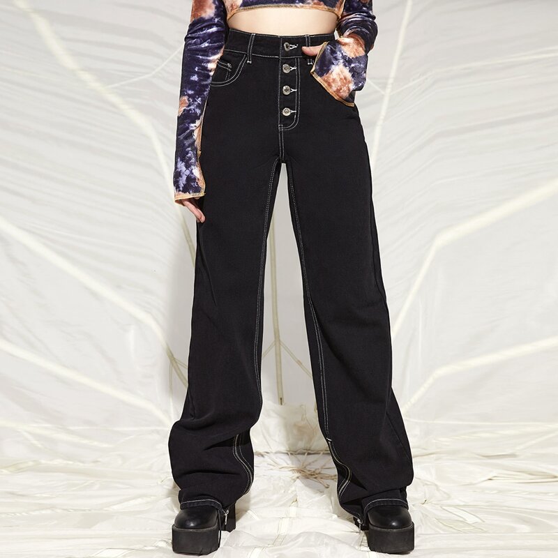 

Button Fly Slant Pocket Zipper Hem Boyfriend Jeans, Black