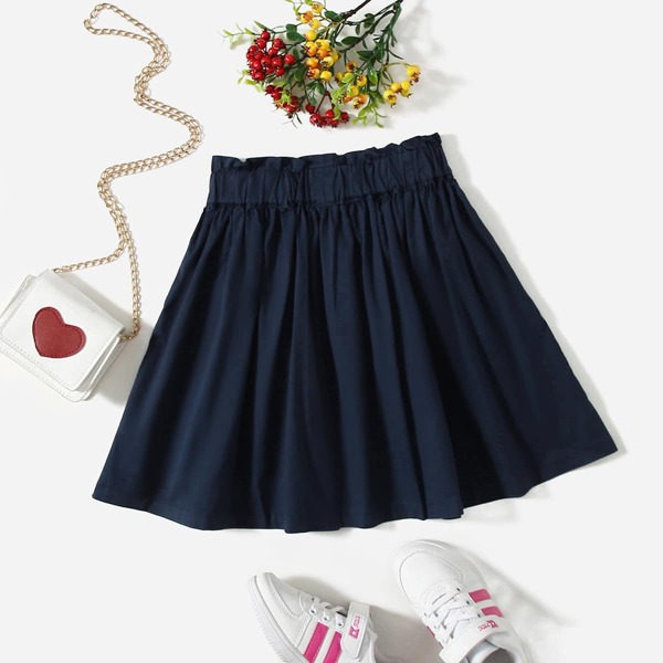 

Girls Solid Paperbag Waist Skirt, Navy blue