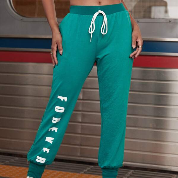 

Letter Graphic Knot Front Sweatpants, Green