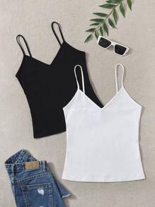 SHEIN EZwear Áo hai dây màu trơn Cơ bản - Đen và trắng - Xem 1