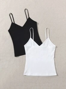 SHEIN EZwear Áo hai dây màu trơn Cơ bản - Đen và trắng - Xem 2