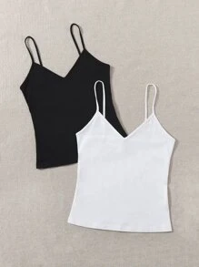 SHEIN EZwear Áo hai dây màu trơn Cơ bản - Đen và trắng - Xem 4