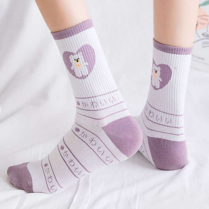 

Cartoon Bear Crew Socks, Purple