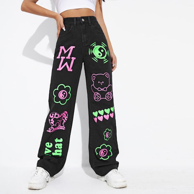 

High Waist Cartoon & Letter Graphic Boyfriend Jeans, Black
