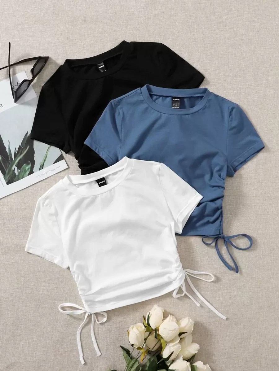 SHEIN EZwear Bộ 3 áo thun nữ tay ngắn cổ tròn màu trơn có dây rút - Nhiều màu - Xem 1