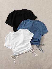 SHEIN EZwear Bộ 3 áo thun nữ tay ngắn cổ tròn màu trơn có dây rút - Nhiều màu - Xem 2