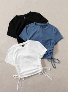 SHEIN EZwear Bộ 3 áo thun nữ tay ngắn cổ tròn màu trơn có dây rút - Nhiều màu - Xem 4