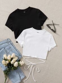 SHEIN EZwear Áo thun Hội Chữ thập Thắt nút Gân đan màu trơn Giải trí - Đen và trắng - Xem 1