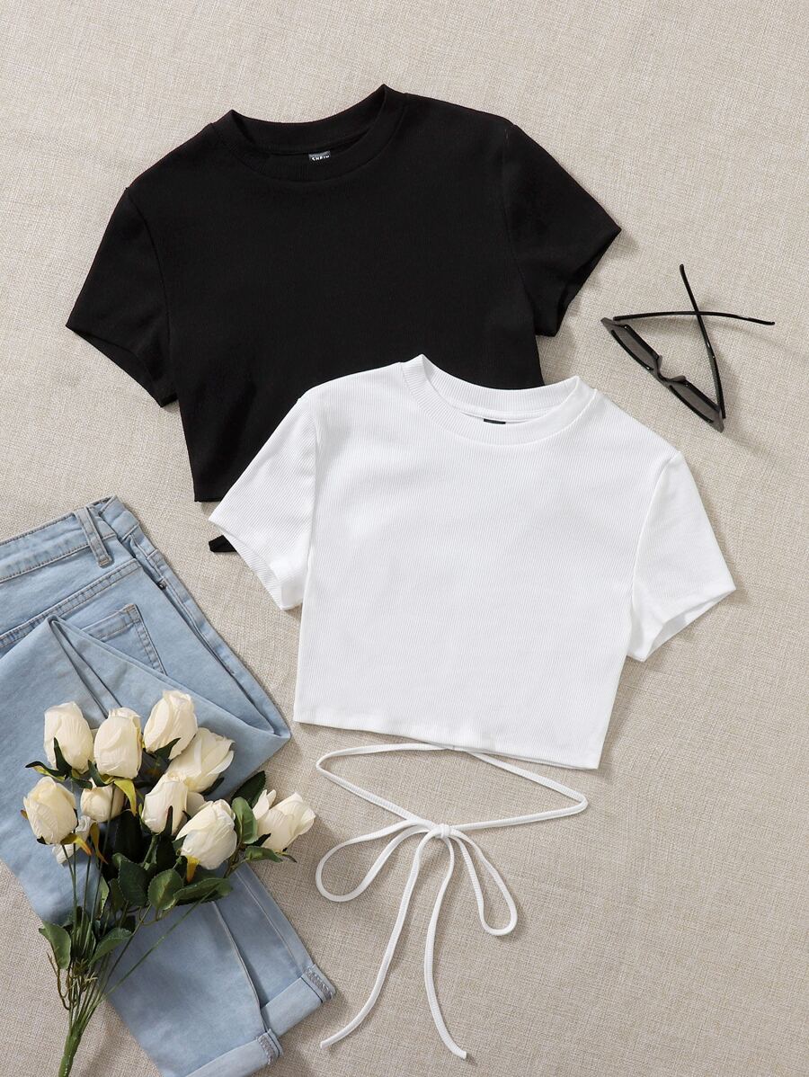 SHEIN EZwear Áo thun Hội Chữ thập Thắt nút Gân đan màu trơn Giải trí - Đen và trắng - Xem 1