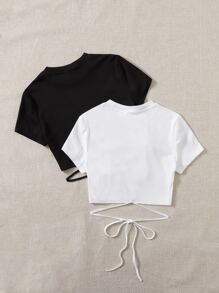 SHEIN EZwear Áo thun Hội Chữ thập Thắt nút Gân đan màu trơn Giải trí - Đen và trắng - Xem 2