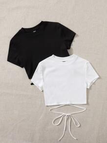 SHEIN EZwear Áo thun Hội Chữ thập Thắt nút Gân đan màu trơn Giải trí - Đen và trắng - Xem 4