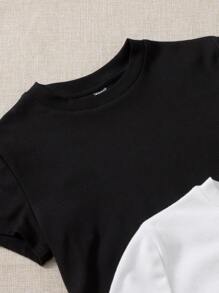 SHEIN EZwear Áo thun Hội Chữ thập Thắt nút Gân đan màu trơn Giải trí - Đen và trắng - Xem 5