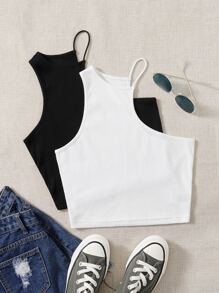 SHEIN EZwear Áo nữ Gân đan màu trơn Giải trí - Đen và trắng - Xem 1
