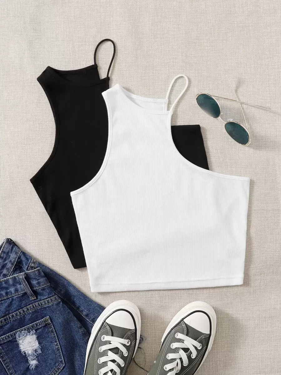 SHEIN EZwear Áo nữ Gân đan màu trơn Giải trí - Đen và trắng - Xem 1