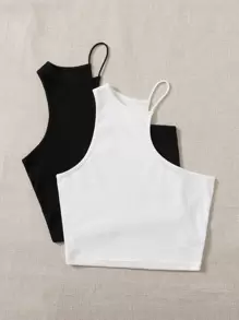 SHEIN EZwear Áo nữ Gân đan màu trơn Giải trí - Đen và trắng - Xem 3