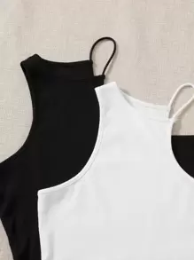 SHEIN EZwear Áo nữ Gân đan màu trơn Giải trí - Đen và trắng - Xem 5