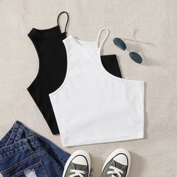

2pcs Solid Asymmetric Neck Halter Top, Black and white