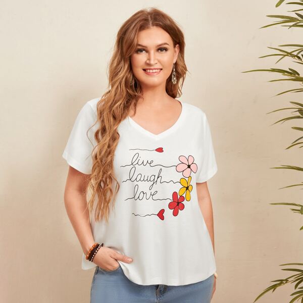 

Plus Floral & Letter Graphic Tee, White