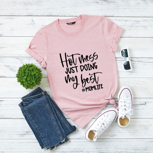 

Plus Slogan Graphic Short Sleeve Tee, Pink