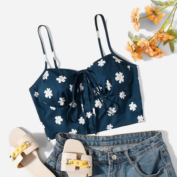 

Floral Print Tie Front Zip Side Crop Cami Top, Navy blue