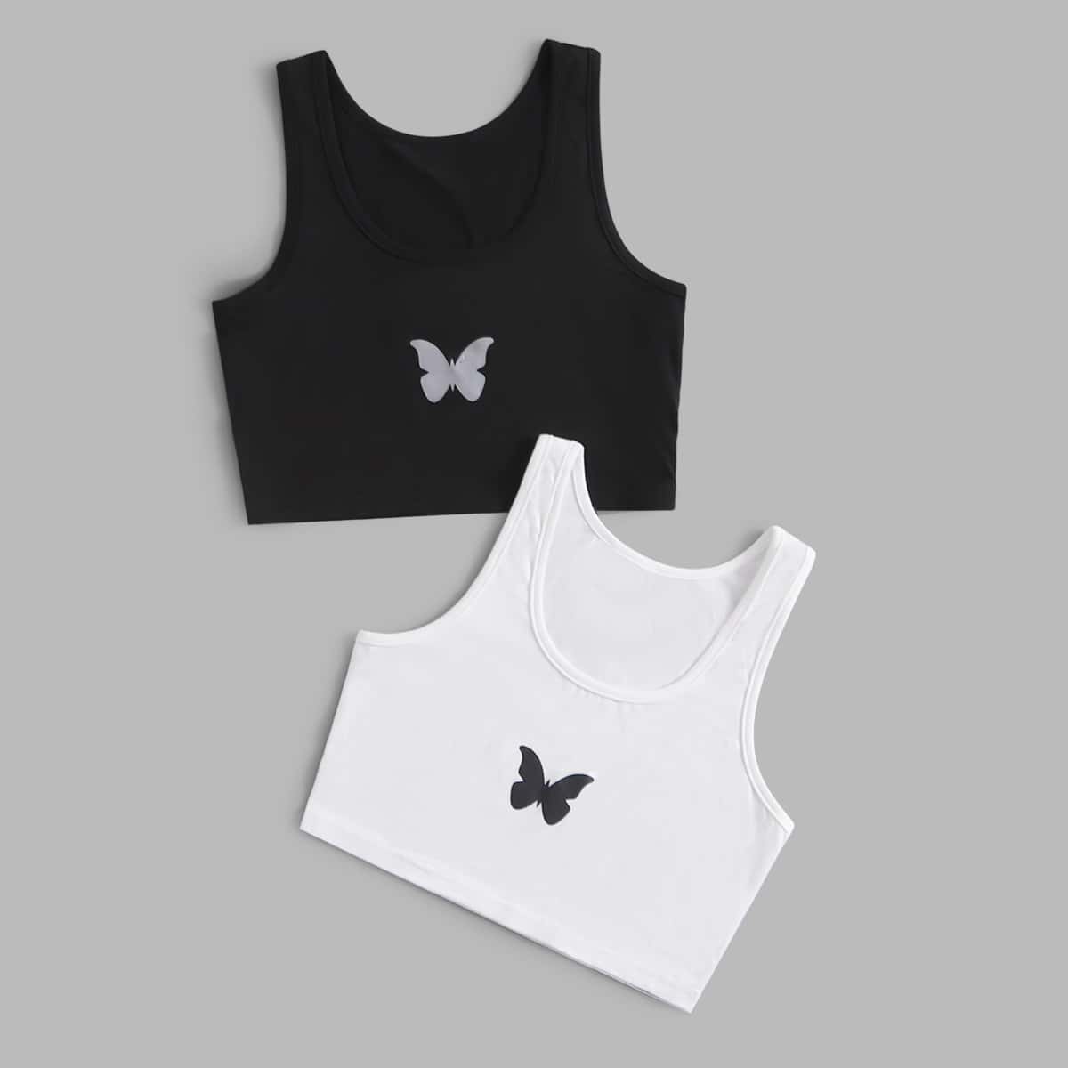 

2pcs Butterfly Graphic Crop Tank Top, Black and white