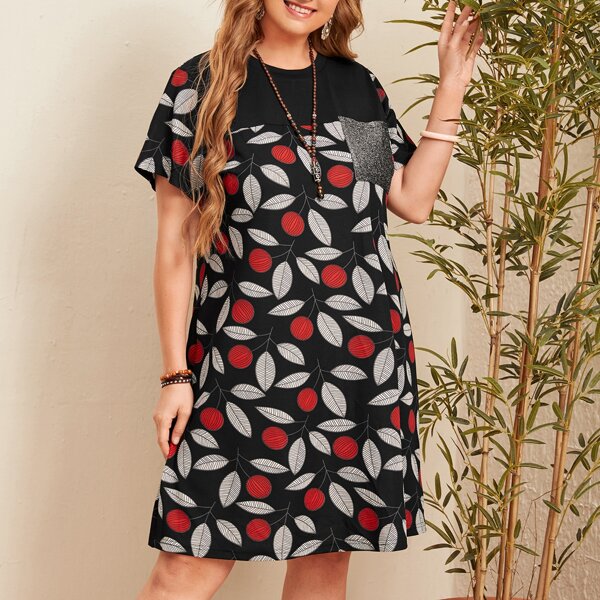 

Plus Plants Print Pocket Patched Tee Dress, Multicolor