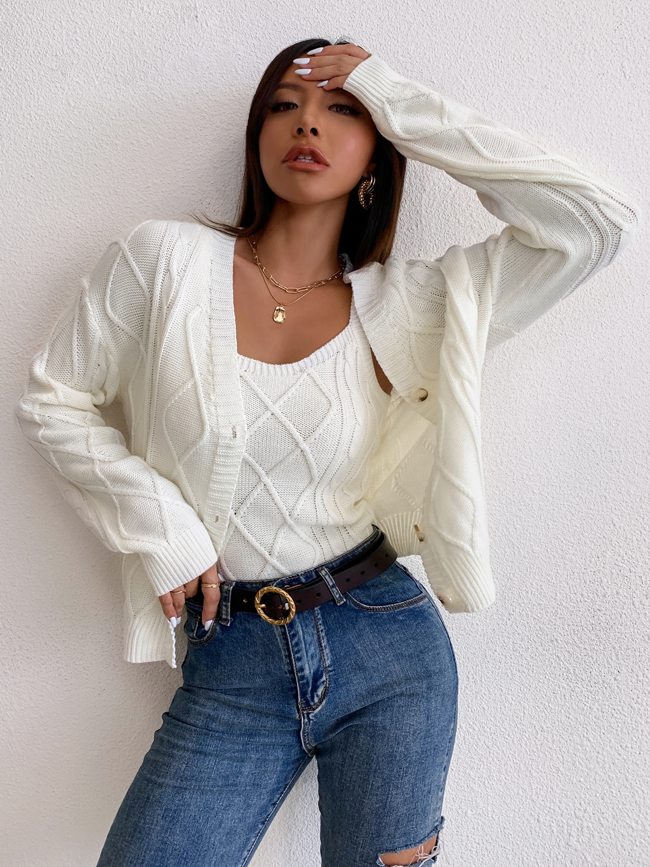 Argyle knit cardigan set