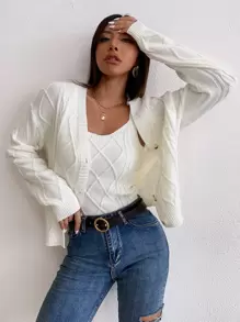 SHEIN ChicEase Argyle Knit Drop Shoulder Button Up Cardigan & Cami Knit Top Fall Winter Cloth For Women