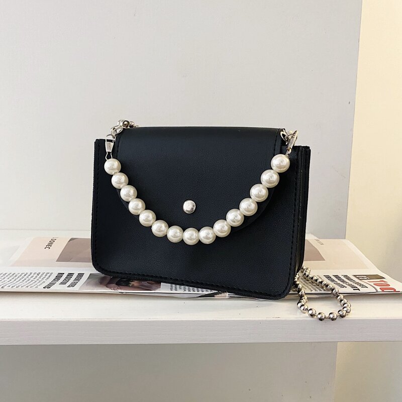 

Faux Pearl Strap Satchel Bag, Black