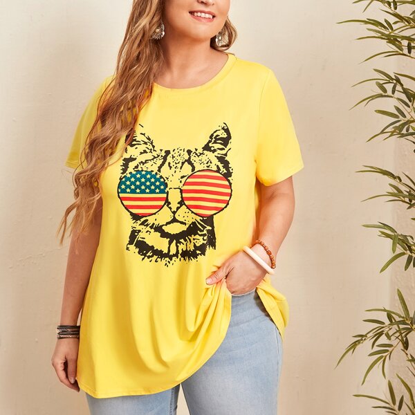 

Plus Animal & Glasses Print Tee, Yellow