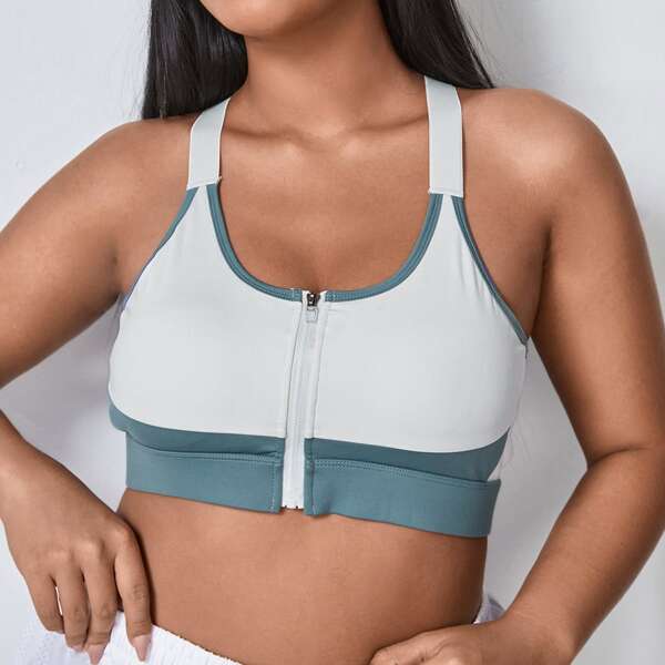 

Plus High Support Cut Out Back Sports Bra, Blue and white