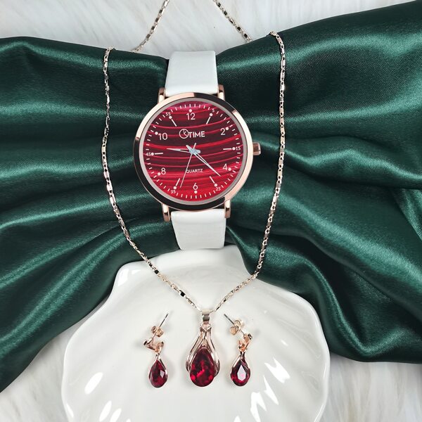 

1pc Round Pointer Quartz Watch & 3pcs Jewelry Set