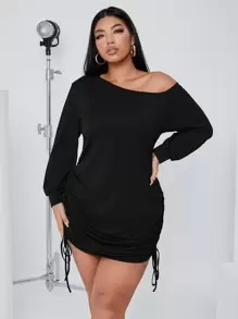 SHEIN SXY Đầm Plus Size Bất đối xứng Dây kéo màu trơn Giải trí - màu đen - Xem 1