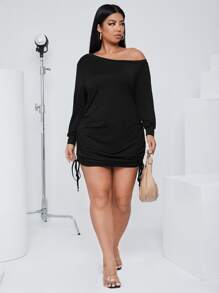 SHEIN SXY Đầm Plus Size Bất đối xứng Dây kéo màu trơn Giải trí - màu đen - Xem 3