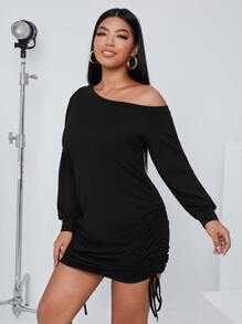 SHEIN SXY Đầm Plus Size Bất đối xứng Dây kéo màu trơn Giải trí - màu đen - Xem 4