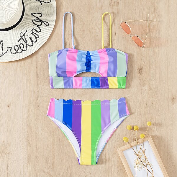 

Striped Scallop Trim Bikini Swimsuit, Multicolor