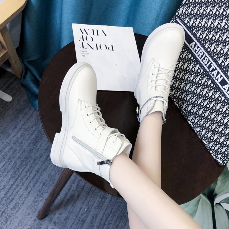 

Buckle Lace-up Front Side Zip Combat Boots, Beige