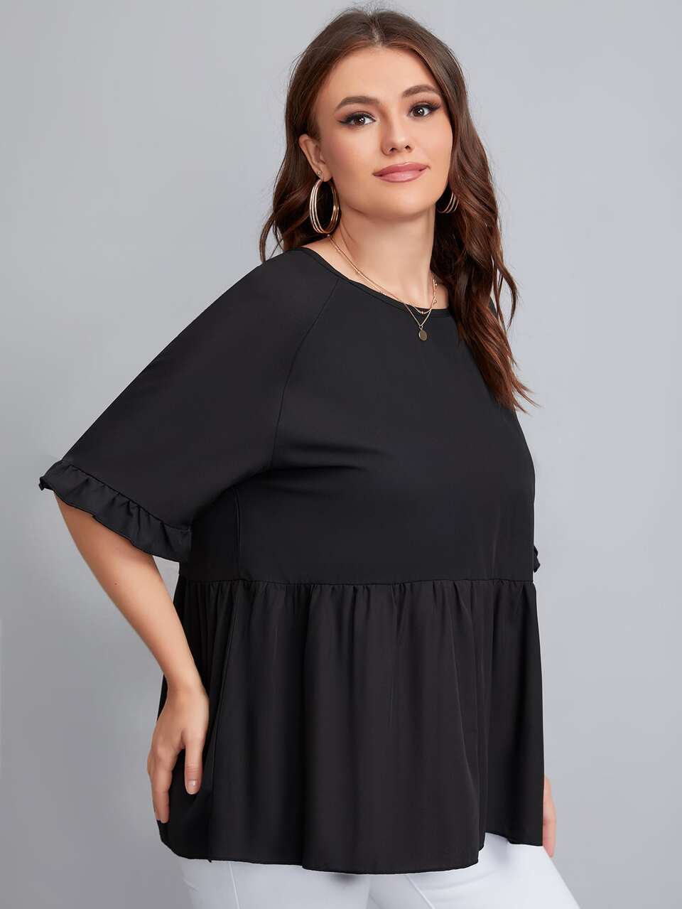 Plus Solid Button Back Peplum Blouse