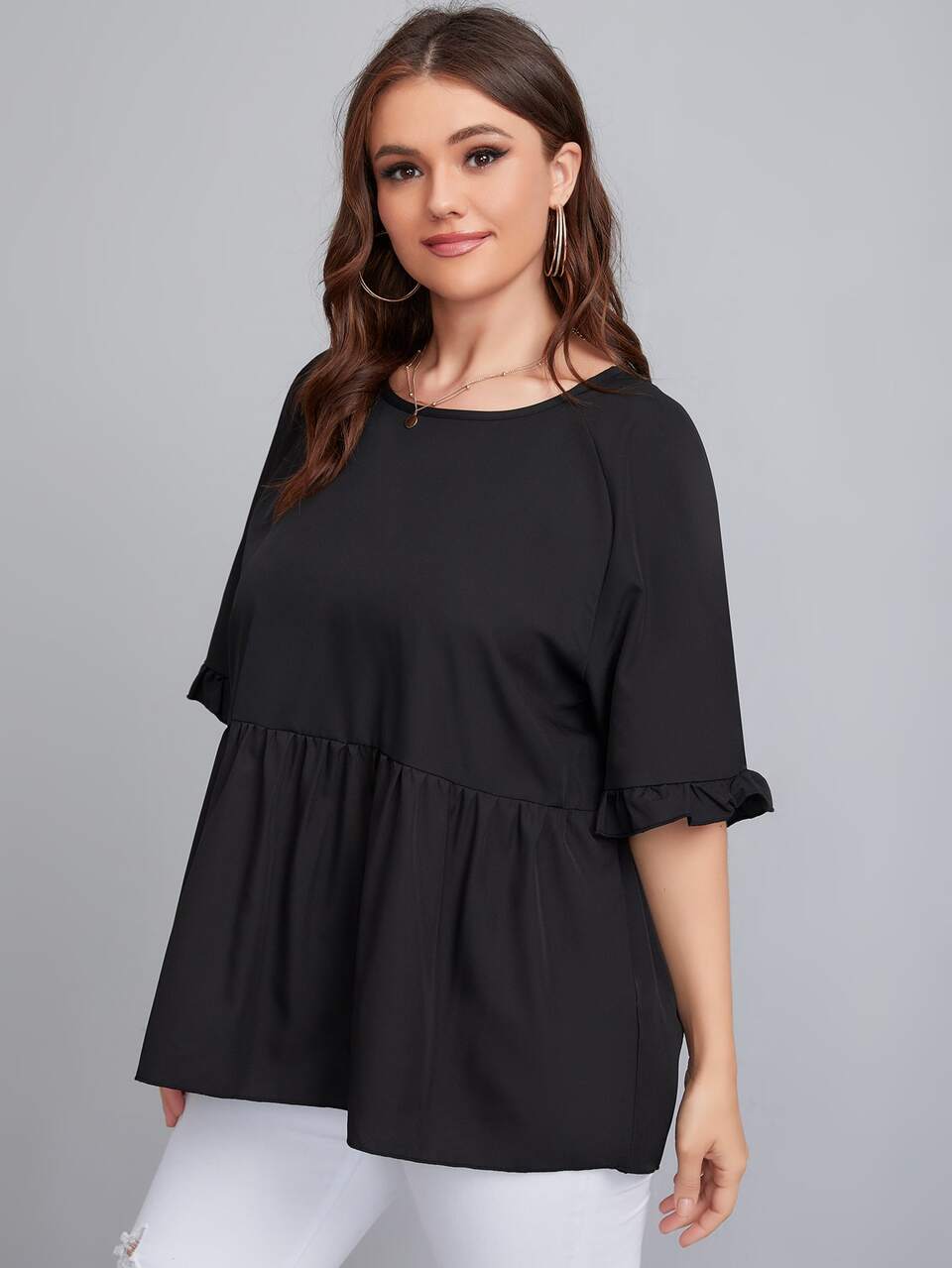 Plus Solid Button Back Peplum Blouse