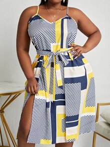 Maweii 大碼條紋圖案和色塊拼接圖案大腿開叉繫腰帶連衣裙 - 彩色 - 查看 1