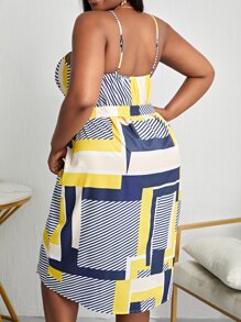 Maweii 大碼條紋圖案和色塊拼接圖案大腿開叉繫腰帶連衣裙 - 彩色 - 查看 2