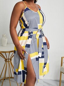 Maweii 大碼條紋圖案和色塊拼接圖案大腿開叉繫腰帶連衣裙 - 彩色 - 查看 4