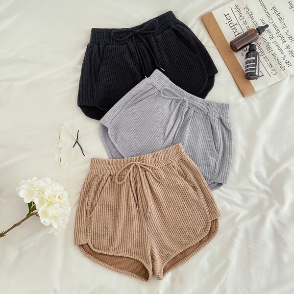 

3pcs Textured Knot Front Lounge Shorts, Multicolor