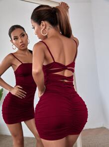 SHEIN BAE Cut Out Back Ruched Bodycon Dress - Burgundy - View 1