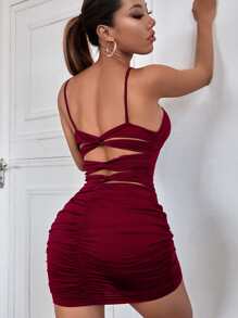SHEIN BAE Cut Out Back Ruched Bodycon Dress - Burgundy - View 4