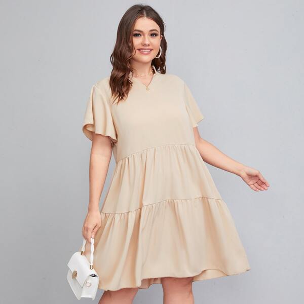 

Plus Solid Notched Neck Smock Dress, Apricot