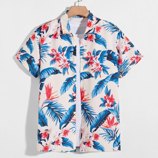 

Men Tropical Plants Print Pocket Shirt, Yellow