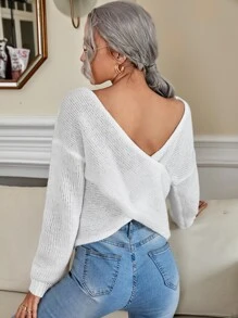 Criss Cross Back Ribbed Knit Drop Shoulder Jumper - White - View 1