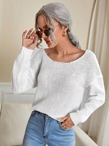 Criss Cross Back Ribbed Knit Drop Shoulder Jumper - White - View 2